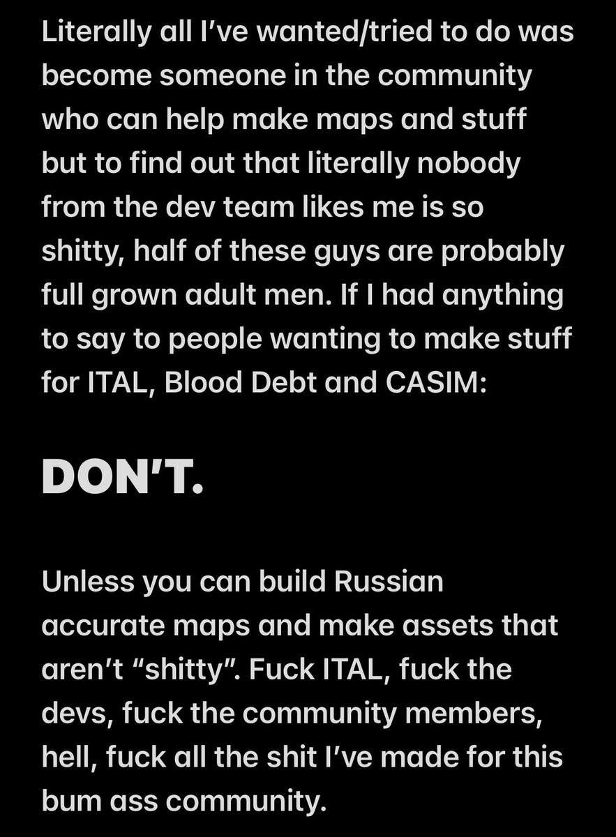 Xopok999's tweet photo. Genuinely fuck ITAL, I’m 100% sure almost all the devs hate me, and I don’t even know what I did. ITAL is a big cesspool of losers and assholes who suck on their thumbs while clapping their hands at shit they find funny. Genuinely I don’t even know why I’m still in it. https://t.co/5wQs0pIMis