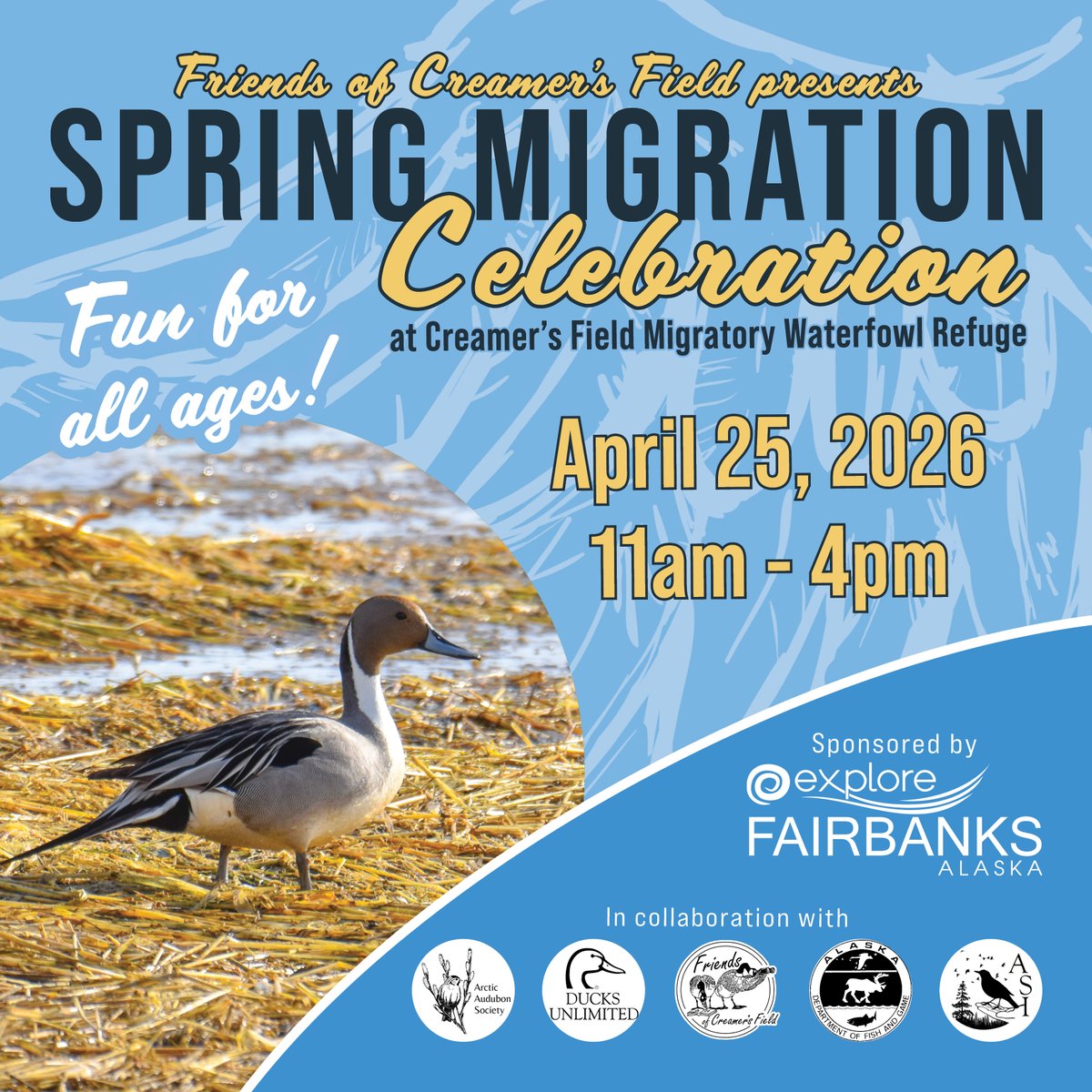 Friendsocf's tweet photo. Spring Migration Celebration is almost here!

This FREE, family-friendly event includes guided nature walks, presentations, crafts, local organizations, and wildlife viewing.

This event is generously sponsored by Explore Fairbanks’ Golden Heart Giving! https://t.co/J1CUGXjneA