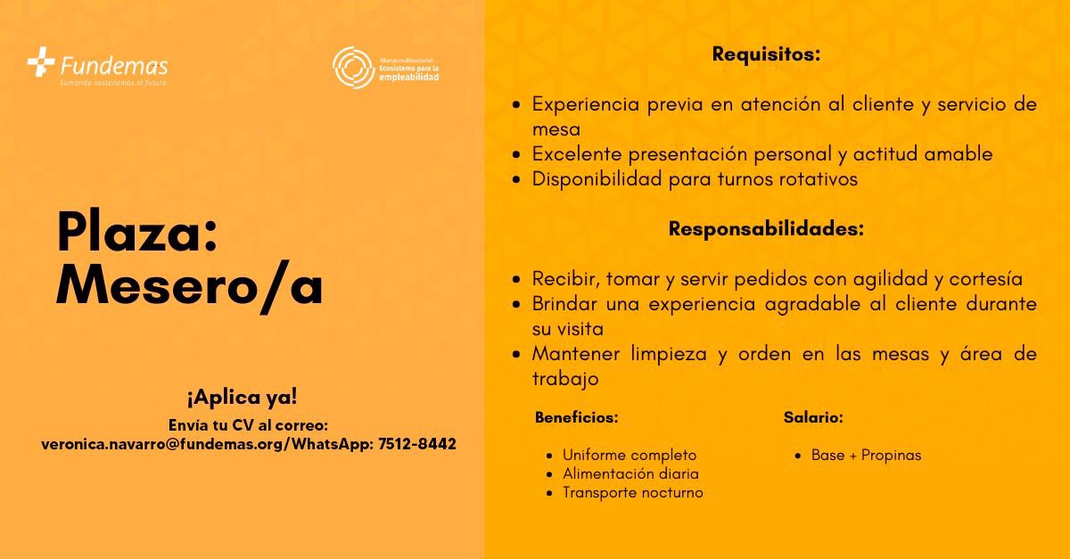 📌🔎 ¡Te compartimos estas oportunidades, las cuales puede ser de tu interés!

📧Envía tu CV al correo: veronica.navarro@fundemas.org
Colocar en el asunto: Mesero/a

#hiring #elsalvador #OportunidadesDeEmpleo #OportunidadLaboral