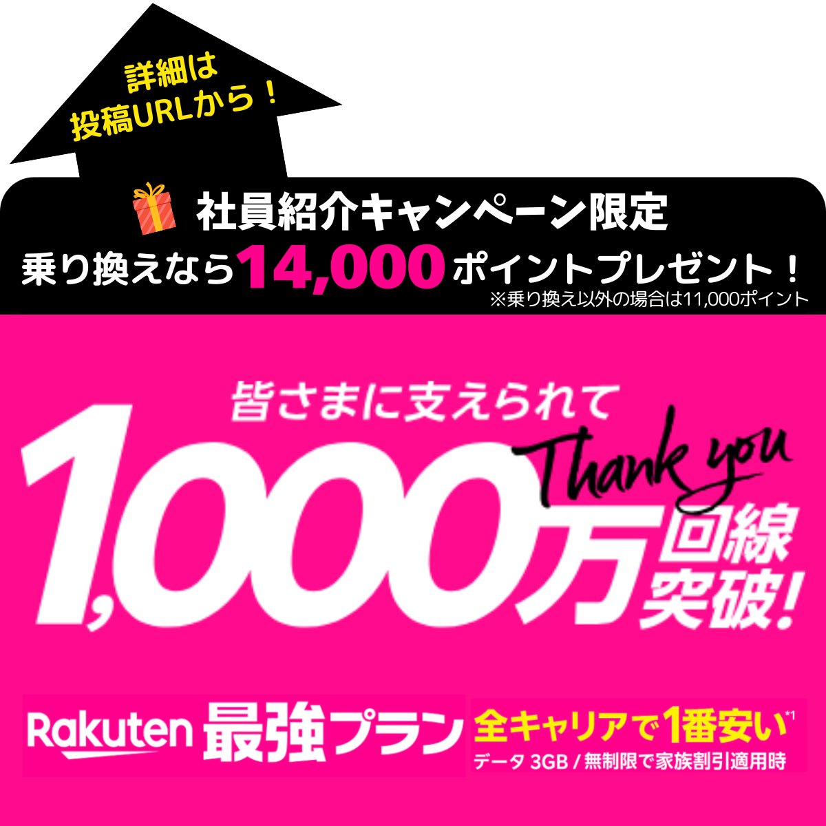 rmobile_pro's tweet photo. 📱沢山のお申込ありがとうございます！
おかげ様で楽天モバイルは契約数1000万件突破🎉

下記URLから"お申込ごと"に14,000pt貰えます！
すでにご契約済の方も、サブ回線やご家族用��ぜひ👨‍👩‍👧‍👦

▼社員紹介URL▼
https://t.co/ttgOxELiA7
※楽天IDでログイン

#楽天ポイント #キャンペーン #割引 #新生活 https://t.co/YphgwEGJ6o