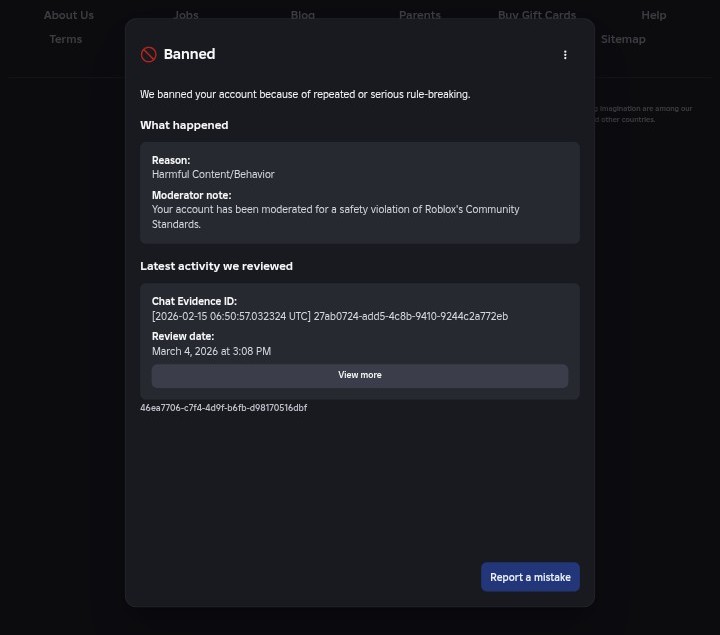 JerryAnonimous's tweet photo. @Roblox Hello, recently i got caught in the ban wave, i got my account "Jerryunbeatable" terminated, it says that the reason was Harmful content/behavior, but i actually never did something bad like that, i wanna know if i could recive a human review, and possibly recover my account. https://t.co/A5BHOlzuJW