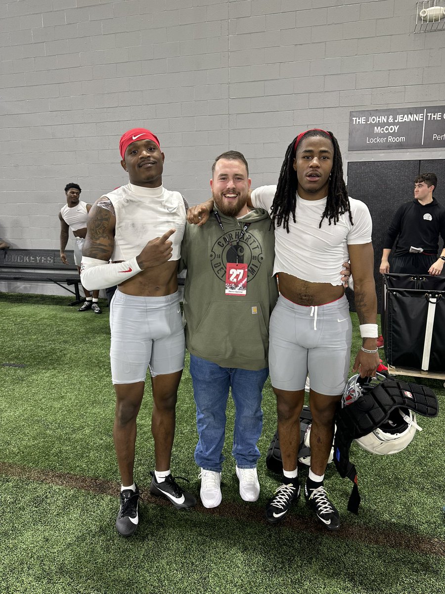 DJRSwework's tweet photo. It was great to have some of the best Ohio prospects, including @ConnerRuth79, @CartaeLigon1, @_Garrett_R_62, and @TTWilliams2029, experience an Ohio State spring practice, as well as two of our best alumni, @Jr2Maine and @Camcalhoun01, live and in person today! https://t.co/JTfzlLh05b