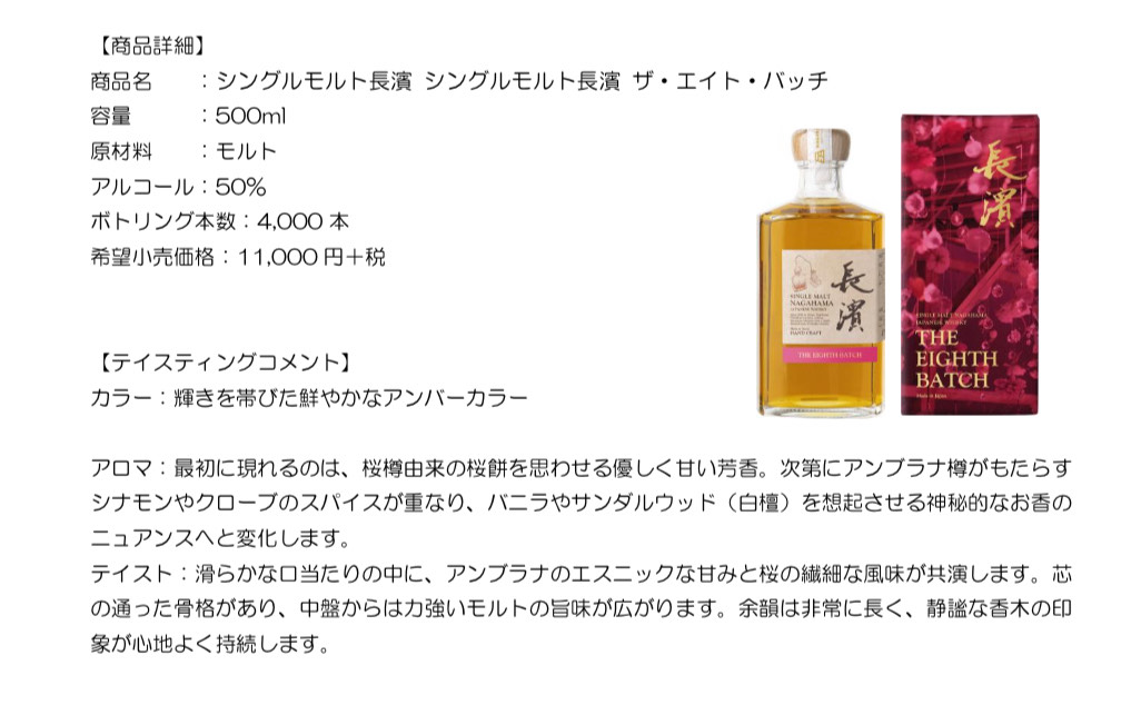 予約商品のご案内】 シングルモルト長濱 ザ・エイト・バッチ 500ml