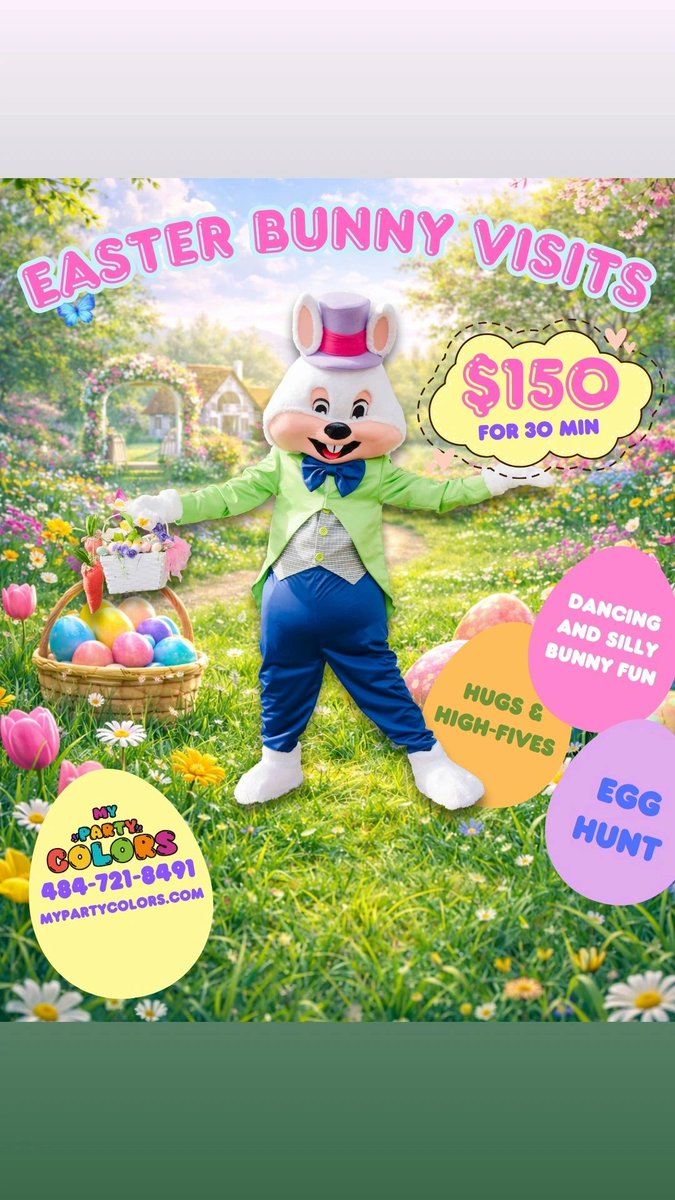 Felmo1969's tweet photo. 🐰🌸 Easter is hopping closer and the bunny is ready to visit your home or event! 🌸🐰
Make this season extra magical with a special easter bunny visit from My Party Colors 💐✨
For just $150 (30 minutes)
🚨 limited availability! https://t.co/7h7aFf2oRM
