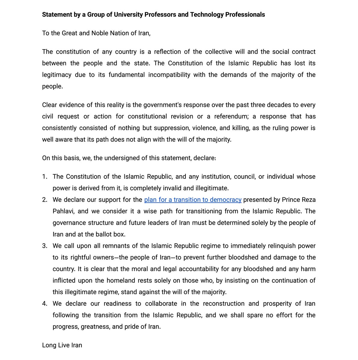 Over 1,000 Iranian university professors and tech experts, inside and outside Iran, declared the Islamic Republic's constitution illegitimate and supported Prince Reza Pahlavi's democratic transition plan. Full statement and signatures:
docs.google.com/document/d/e/2…
