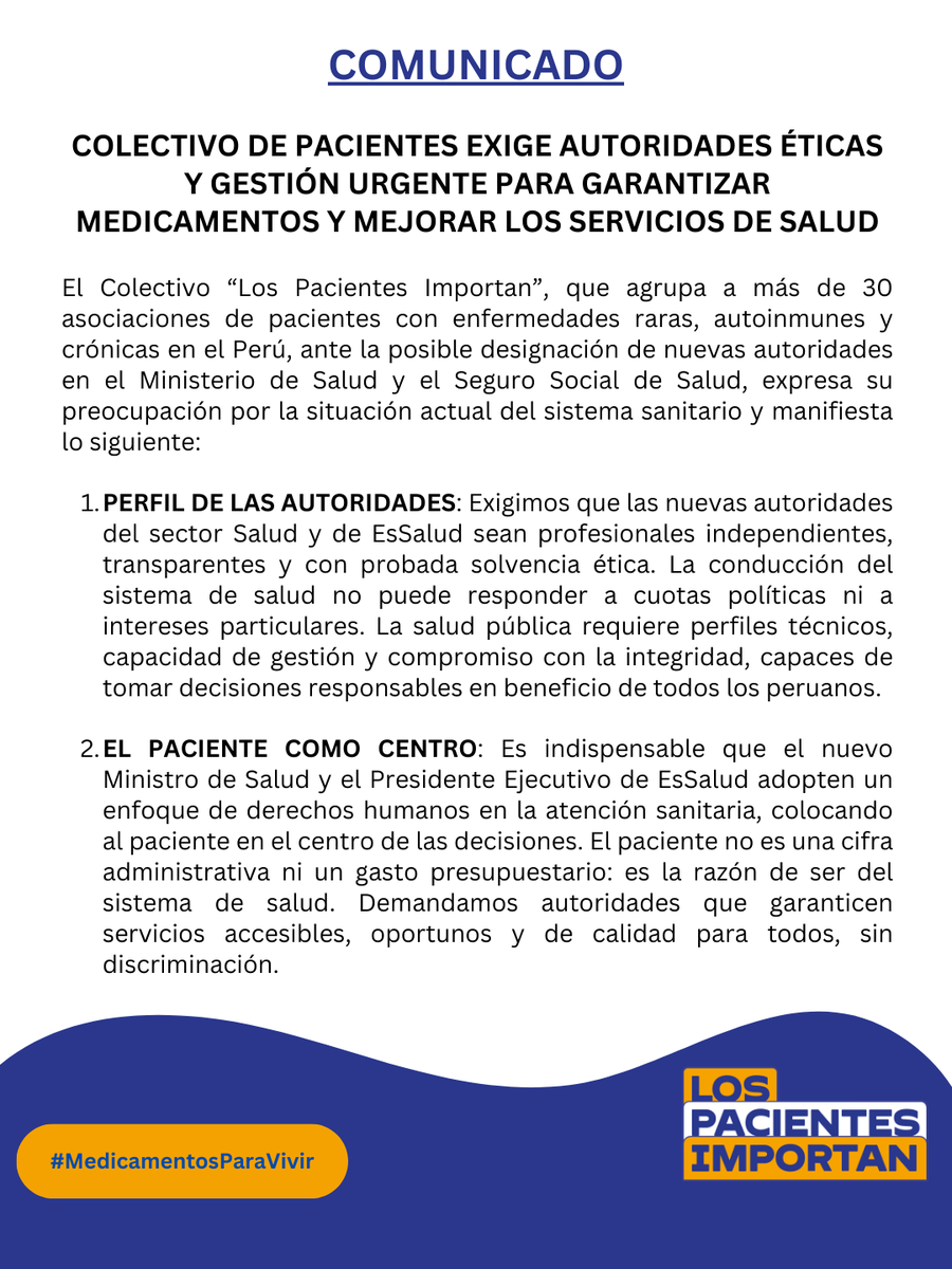 los_pacientes's tweet photo. 🚨 #LosPacientesImportan exige autoridades éticas y gestión urgente para garantizar medicamentos y mejorar los servicios de salud
Ante posible designación de nuevas autoridades en @Minsa_Peru y @EsSaludPeru exhortamos al Presidente Balcazar elegir profesionales independientes👇: https://t.co/2QP43g1ENZ