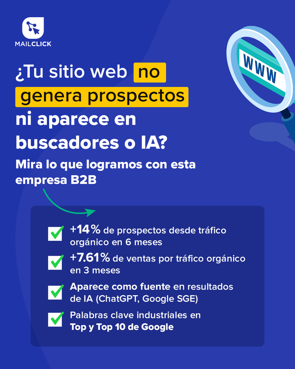 mailclick's tweet photo. 🔍 ¿Tu sitio web no genera prospectos? Una empresa industrial llevaba 10 años sin actualizarlo. No salían en buscadores ni en IA. Su blog no convertía.

 📈 En 6 meses: +prospectos, +ventas, +visibilidad
¿Tu sitio tampoco convierte? Escríbenos. https://t.co/xIiL7BrFqd