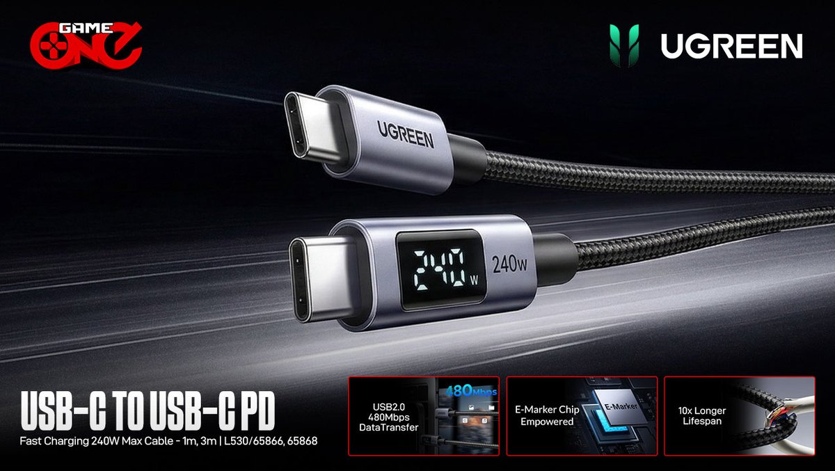 gameoneph's tweet image. Power up fast with the UGREEN 240W USB-C Cable! Available in 1m or 3m, with PD 3.1 fast charging, LED display, 480Mbps data sync, and a durable braided design.

🛒Shop Now: bit.ly/3IEYizO

#UGREEN #USBCCable #FastCharging #PowerDelivery #TechAccessories #gameoneph