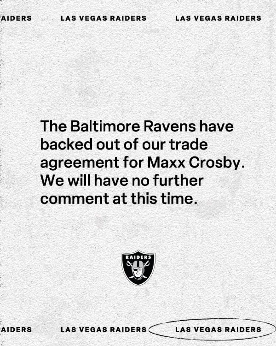 49ersSportsTalk's tweet photo. BREAKING NEWS: THE #RAVENS have backed out of their Maxx Crosby trade. 

He will go back to the #Raiders. https://t.co/KU8JHlb3PX