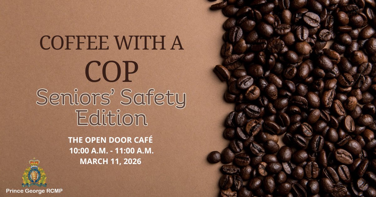 PG_RCMP's tweet image. Coffee with a Cop, Seniors' Safety Edition, this Wednesday, March 11 at 10:00 a.m. at the Open Door Cafe. ☕👮

Ask a question, get a coffee! 

#Fraud #Community #JoinUs
