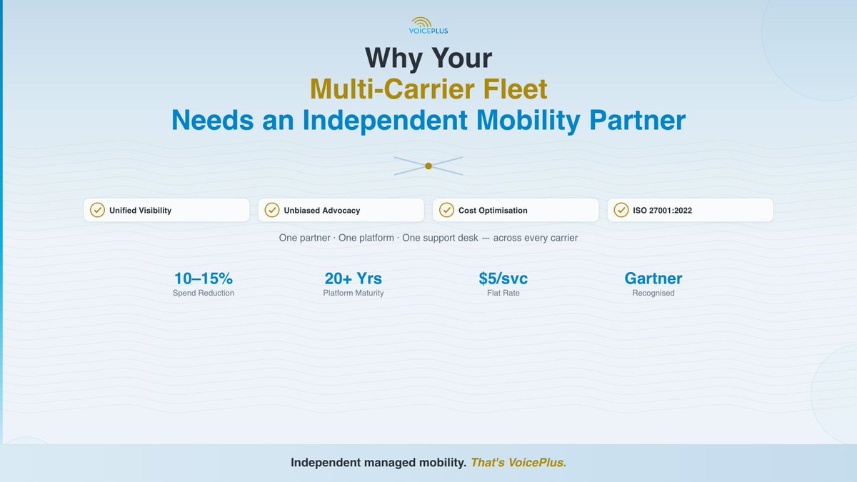 VoicePlusData1's tweet photo. Carrier-aligned managed mobility: MACDs, asset tracking, single-carrier support.

What's NOT included: TEM, multi-carrier consolidation, billing error recovery, cost optimisation, ServiceNow integration.

All of those? Standard with VoicePlus Atrium at $5/svc/month.

Full comparison ↓
https://t.co/NXyJS68DdM

#ManagedMobility #TEM #VoicePlus