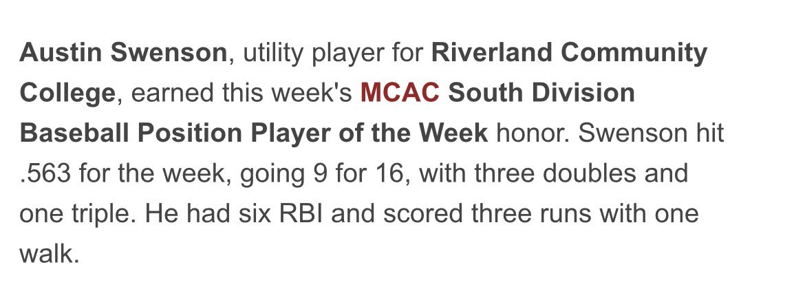 austinswen5's tweet photo. Blessed to be named MCAC Player of The Week!

•Uncommitted Juco Fresh. https://t.co/bCnVXWPPMG