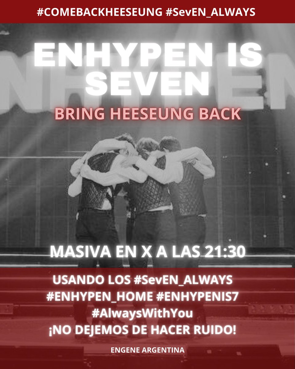 ENGENE_ARGfb's tweet photo. Engene, no dejemos de romper las pelotas, nos tienen que escuchar, queremos respuestas. 

Sumate a la masiva hoy a las 21:30hs utilizando: 

@BELIFTLAB We hope for opportunities for LEE HEESEUNG to explore solo activities while continuing as a member of ENHYPEN.

HEESEUNG WITH ENHYPEN
#SevEN_ALWAYS
#ENHYPEN_HOME
#ENHYPENIS7
#AlwaysWithYou

❗RECORDÁ NO SPAMEAR. USA FOTOS, GIFTS, VIDEOS, EMOJIS❗