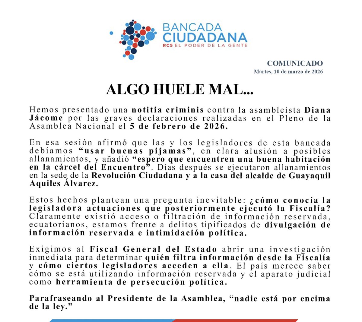 #AlgoHueleMal
¿Cómo sabía lo que iba a pasar?

Tras insinuar allanamientos y hasta pedirnos “buscar una buena habitación en la cárcel”, días después se ejecutaron acciones contra nuestra organización. 

No se trata de retórica política, el país merece saber: ¿Cómo se dieron las