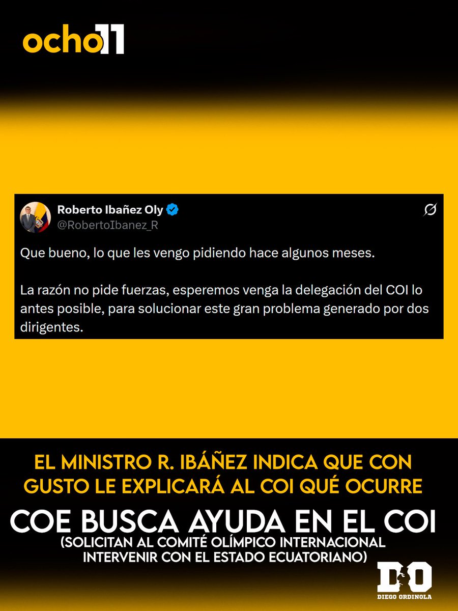 El Ministro <a href="/RobertoIbanez_R/">Roberto Ibañez Oly</a> respondió en su cuenta de X en torno al pedido del COE al COI.

“La razón no pide fuerzas, esperemos venga la delegación del COI (…) para solucionar este gran problema generado por 2 dirigentes”. Señaló.