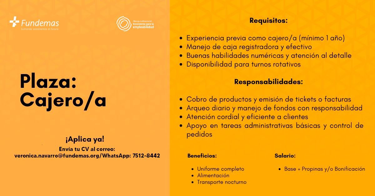 📌🔎 ¡Te compartimos estas oportunidades, las cuales puede ser de tu interés!

📧Envía tu CV al correo: veronica.navarro@fundemas.org
Colocar en el asunto: Cajero/a

#hiring #elsalvador #OportunidadesDeEmpleo #OportunidadLaboral