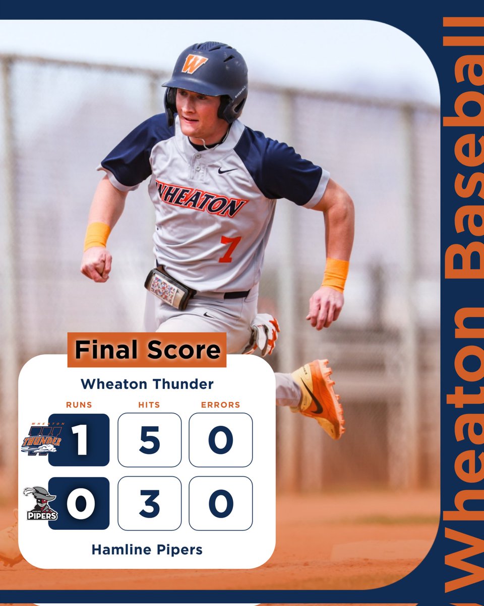 Wheaton_Thunder's tweet photo. One run is all it takes!

The Thunder baseball team shuts out Hamline University and scores a late decisive run to pick up the second victory of its Spring Break series.

Tyler Burr (pictured) logged the winning score in the eighth inning on an RBI single by Jack Gill. Burr stole a base in the lead-up to his winning run, and he was joined on one stolen bag by James Scott, who also registered one hit.

Jamin Van Grouw earned his first career win on the mound with a seven-inning shutout and tallied four strikeouts while allowing just three hits from 28 batters faced. 

Josh Ortiz and JD Van Hook each sat down one batter in their single inning of relief work, with Van Hook collecting his second save of the season.

Wheaton's team does not play for the next two days and will return to action on Friday evening with a doubleheader against Crown College. 
#LetsRoll 

Picture by Ary Frank.
