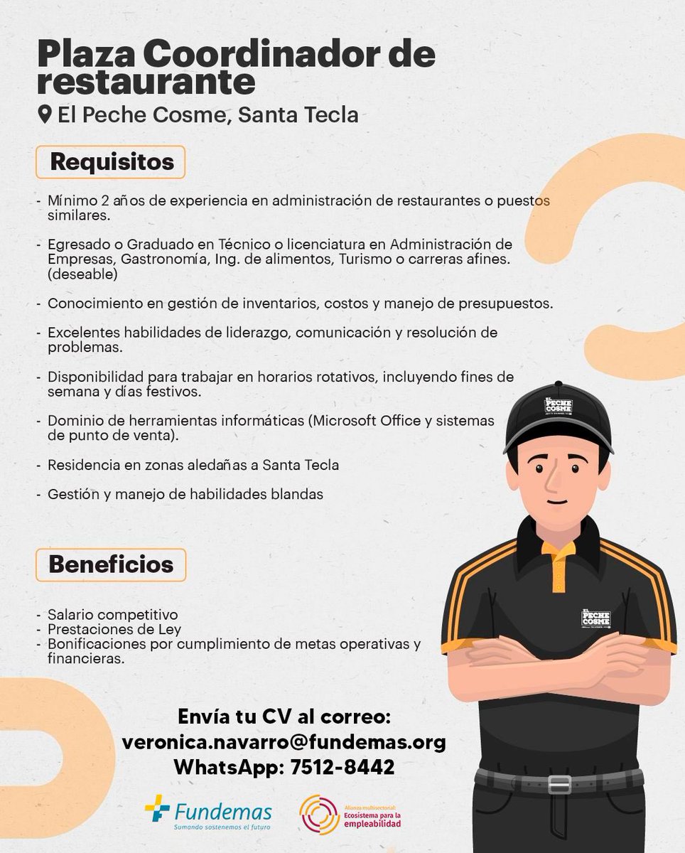 📌🔎 ¡Te compartimos estas oportunidades, las cuales puede ser de tu interés!

📧Envía tu CV al correo: veronica.navarro@fundemas.org
Colocar en el asunto: Coordinador de restaurante 

#hiring #elsalvador #OportunidadesDeEmpleo #OportunidadLaboral