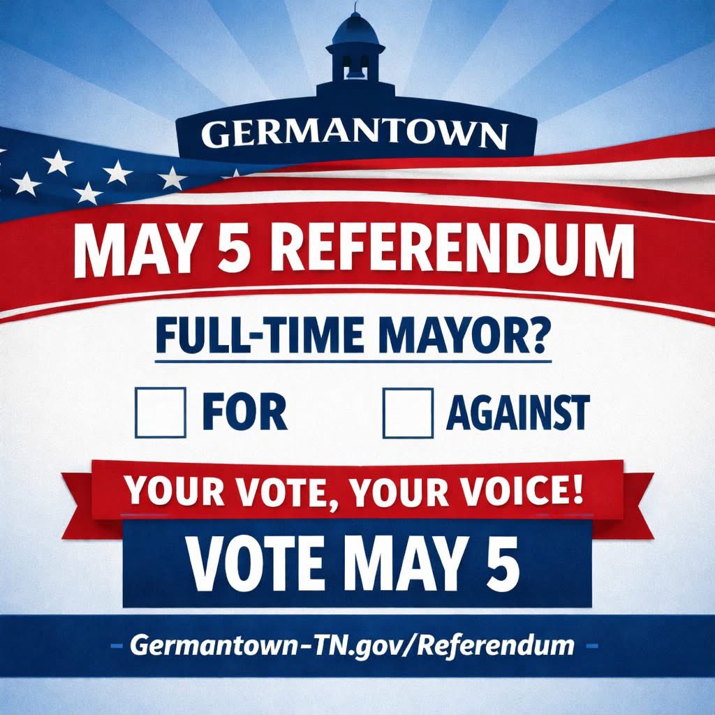germantowntenn's tweet photo. 🗳️ Your Vote, Your Voice – May 5

Germantown voters will decide on a Charter amendment to make the Mayor’s role full-time starting January 1, 2027.

For more information, visit https://t.co/eP2oyffBWS https://t.co/Ei6UxQC494
