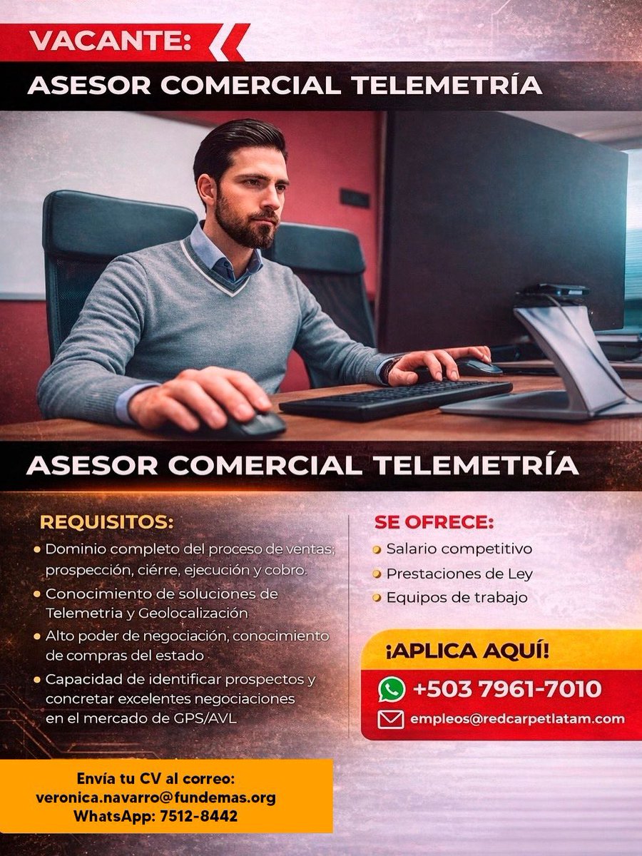 📌🔎 ¡Te compartimos esta oportunidad, la cual puede ser de tu interés!

#hiring #elsalvador #OportunidadesDeEmpleo #OportunidadLaboral