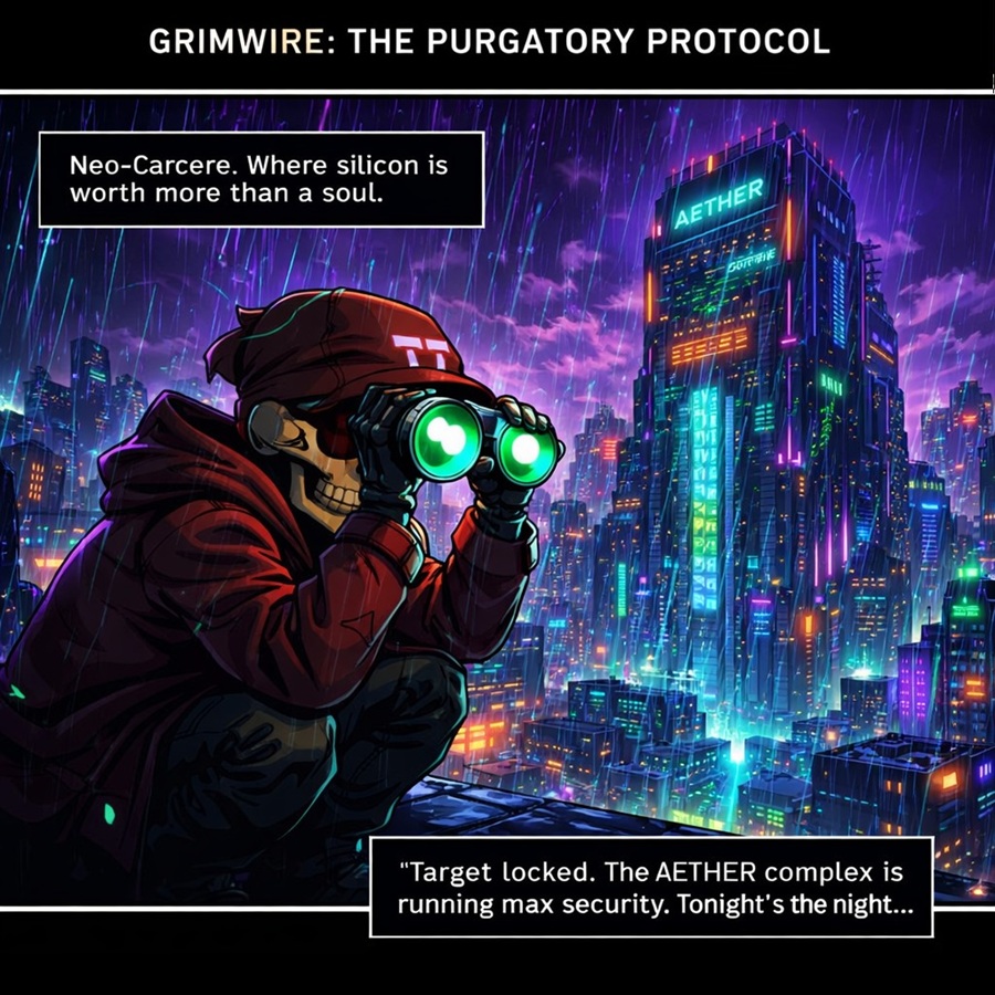 Chapter 1: Error in Sector 09
The revolution begins in the shadows. Desert Skull, the group’s scout, watches the massive AETHER skyscraper through tactical binoculars under a violet storm. He confirms the target is inside.