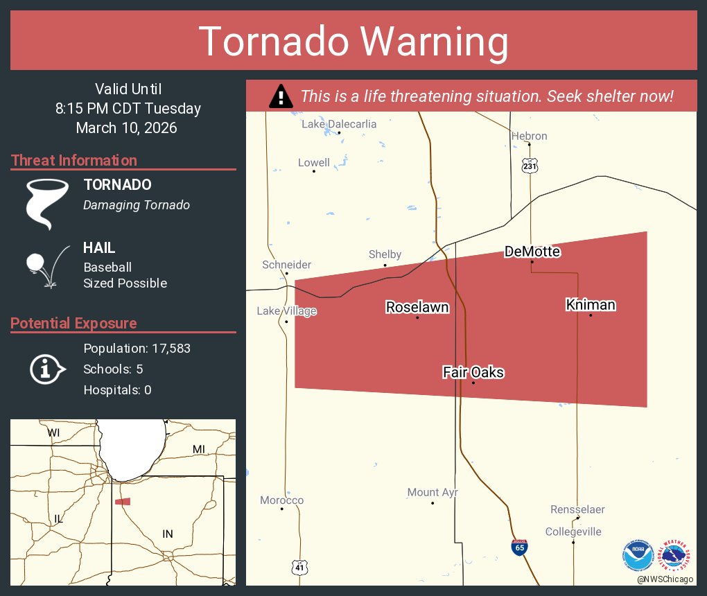 Tornado Warning including Roselawn IN, DeMotte IN and  Fair Oaks IN until 8:15 PM CDT