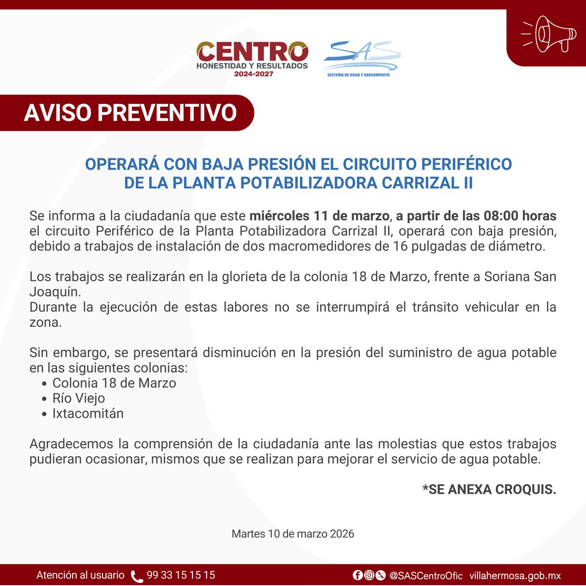 SASCentroOfic's tweet photo. ⚠️ AVISO PREVENTIVO
Este miércoles 11 de marzo desde las 8:00 a.m., el circuito Periférico de la Planta Potabilizadora Carrizal II operará con baja presión, debido a la instalación de dos macromedidores de 16”.
Gracias por su comprensión.
#AVISOSAS @CentroInforma https://t.co/Cup2ViKhzD