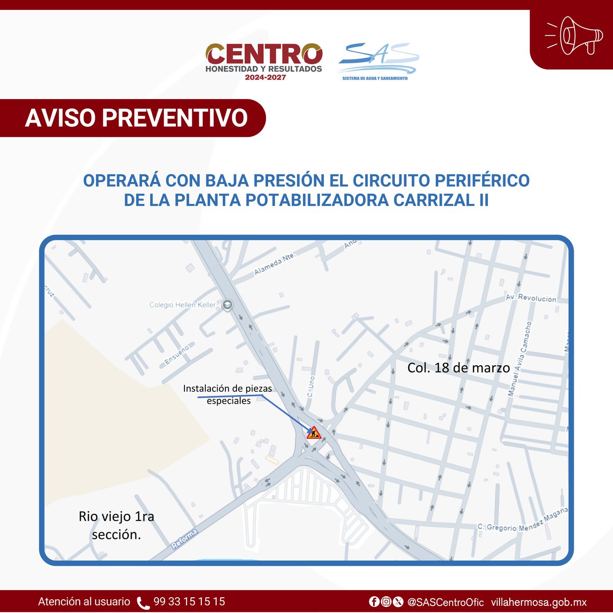 SASCentroOfic's tweet photo. ⚠️ AVISO PREVENTIVO
Este miércoles 11 de marzo desde las 8:00 a.m., el circuito Periférico de la Planta Potabilizadora Carrizal II operará con baja presión, debido a la instalación de dos macromedidores de 16”.
Gracias por su comprensión.
#AVISOSAS @CentroInforma https://t.co/Cup2ViKhzD