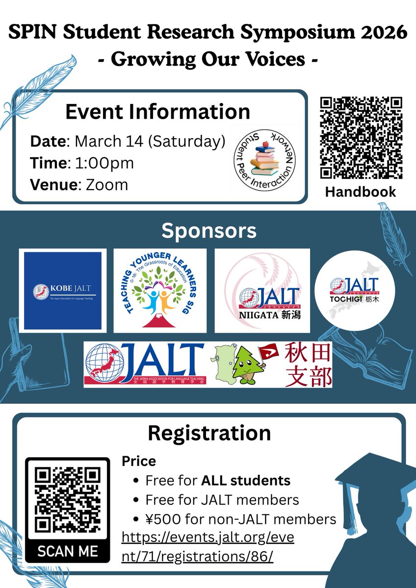 JaltKobe's tweet photo. REMINDER: The JALT Student Peer Interaction Network (SPIN) will host a student research symposium this Saturday March 14th, 2026, beginning at 1:00 pm (JST). Registration: https://t.co/gw7A2WDVS0 https://t.co/HbarsXuRjG