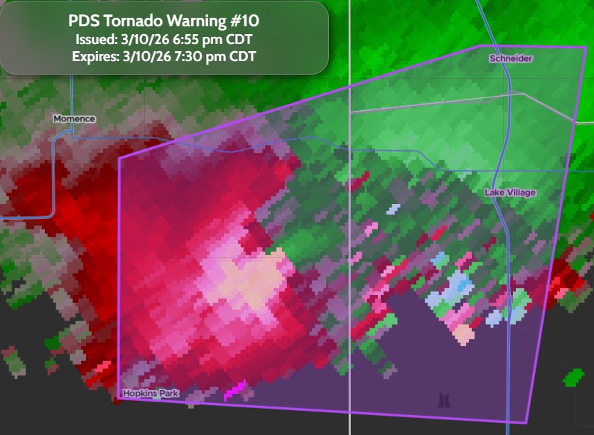 StormTrackingHQ's tweet photo. #PDS #TornadoWarning 010 has been issued for Lake Village IN, Hopkins Park IL and Schneider IN until 7:30 pm CDT #wxtwitter #wxX #wx #severewx #severe #severeweather #ModerateRisk #HoosierAlley #ilwx #ILwx #inwx #INwx
#Tornado
Damaging tornado
#Hail
Softball sized possible
Population
3,312
Schools
2
Hospitals
0