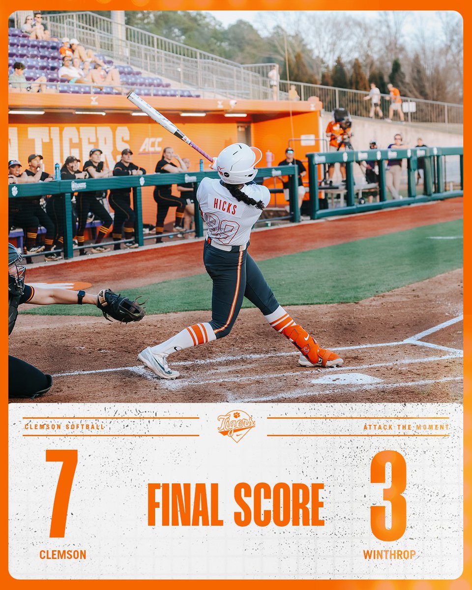 TIGERS WIN! TIGERS WIN!!
Clemson takes the midweek matchup vs. Winthrop! Tigers will be back at McWhorter Stadium this weekend against Louisville.