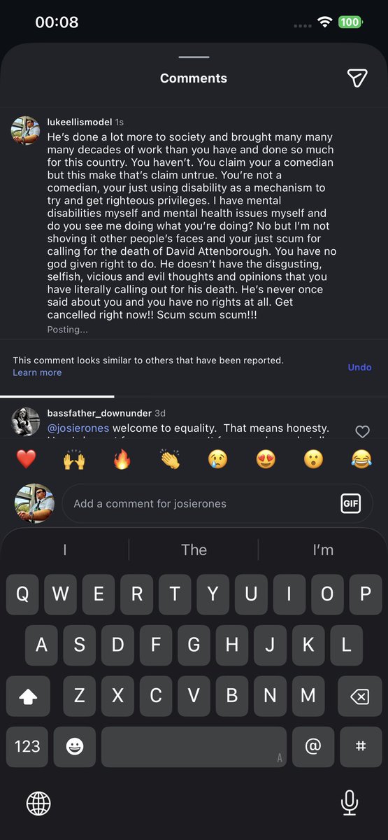 lukeellisdevon's tweet photo. @danwootton I’m with you about Rosie Jones. What a joke she is calling for the literal death of David Attenborough. I’m shocked and she’s not a comedian anymore. Just an offensive, selfish and bitter woman. My response to her IG post. My point 100% valid. #cancelrosiejones https://t.co/IHRFAzi2fK