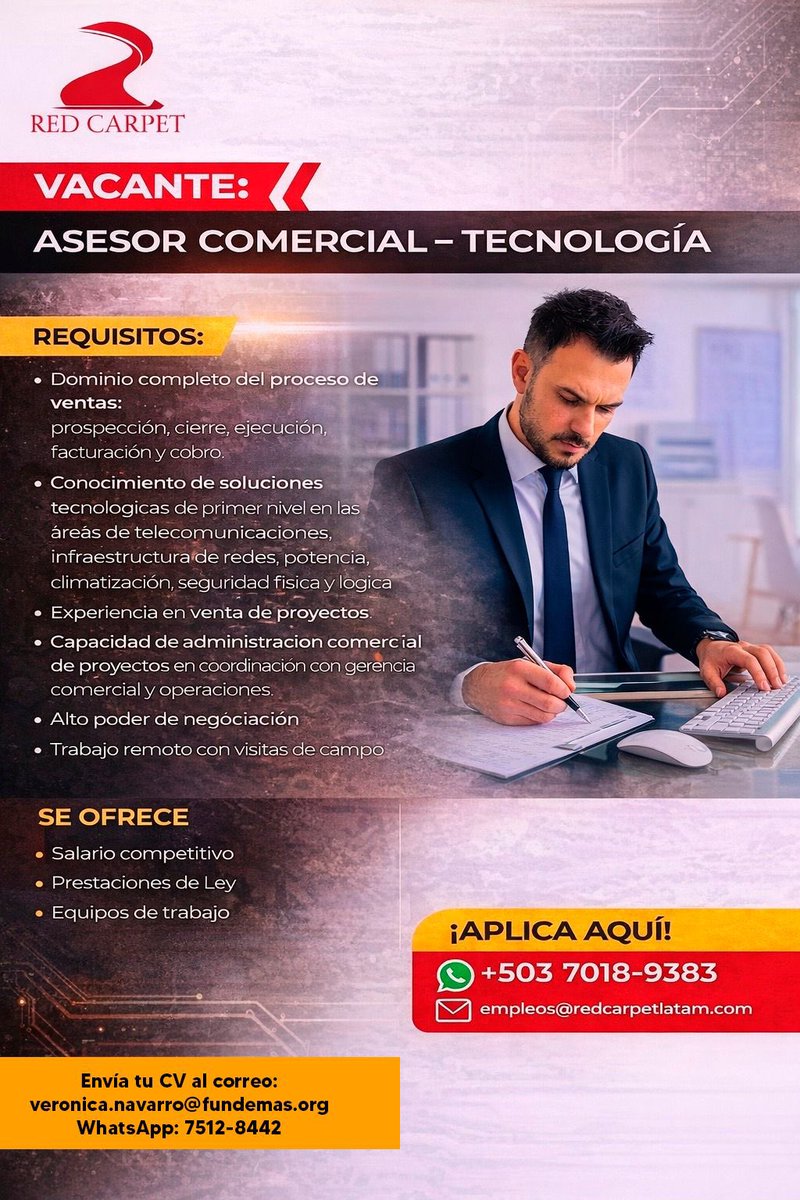 📌🔎 ¡Te compartimos esta oportunidad, la cual puede ser de tu interés!

#hiring #elsalvador #OportunidadesDeEmpleo #OportunidadLaboral