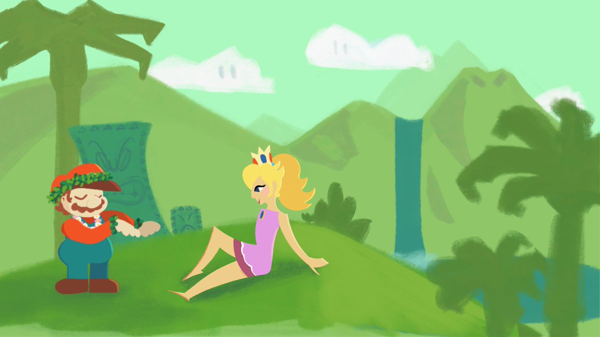 BroniStevoni's tweet photo. Artwork I made for the thumbnail of my latest Mario music cover. I wanted to do a little bit of a 50s retro vibe, in particular, looking at artwork by Shag. I like the way Peach is drawn here. I was also dumb and forgot to leave room for the game's title lol. https://t.co/a9d8CAR3wP