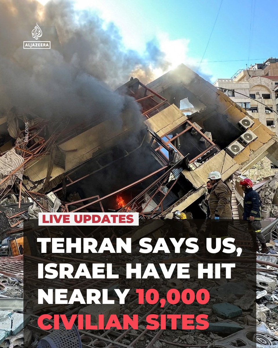Iran says US and Israeli forces have bombed nearly 10,000 civilian sites in the country, and killed more than 1,300 civilians since the war began 11 days ago.

🔴 Follow our LIVE coverage: aje.news/5n6ca0