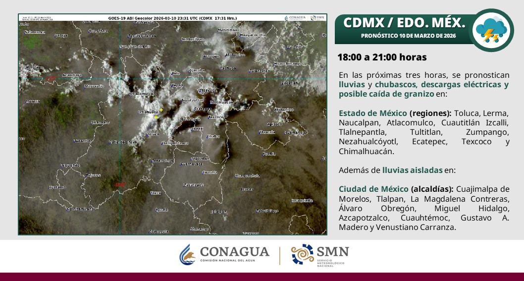 Se pronostican #Lluvias, #Chubascos, #DescargasEléctricas y caída de #Granizo en zonas del #EdoMéx.