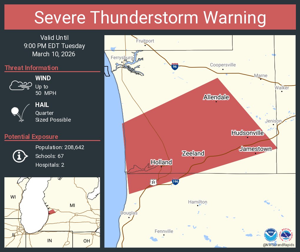 NWSGrandRapids's tweet photo. Severe Thunderstorm Warning including Holland MI, Allendale MI and  Hudsonville MI until 9:00 PM EDT https://t.co/snodsbBaZT