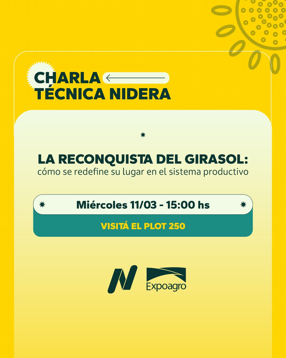 FFerra5's tweet photo. Mañana, Día 2 de @Expoagrocom y el equipo de Extensión de @NideraSemillas va a dar una charla de Girasol "para no girasoleros" con el ABC para los que están incorporado este cultivo en zonas no tradicionales o donde se había ido hace tiempo. LOTE 250 a las 15:00hs
@AyelenItatiS https://t.co/Mb20KMHPb3