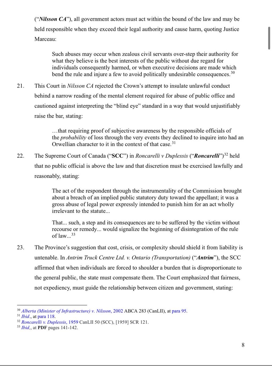 echipiuk's tweet photo. After a day in the Alberta Court of Appeal, I am trying to come to terms with something.

When citizens sue the government for unlawful actions, the government seems to do everything possible to evade responsibility. It raises a fundamental question: is the role of government lawyers really to deflect and avoid accountability, even when it comes at the expense of the very taxpayers they are supposed to serve?

Today, Jeff Rath and I were in the Alberta Court of Appeal on the Covid business closure class action.

A Court of King’s Bench judge has already found that the Province’s public health orders were unlawful. Another judge determined that the case should proceed as a class action.

Yet instead of taking responsibility and addressing the harms that flowed from those illegal acts, the Province has chosen to appeal the class action decision.

It raises some important questions.

Should a small group of citizens bear the burden of harms imposed for what government claims was the benefit of the public?

Should public officials be held to a high standard because of the public trust and the positions they hold, or should they be able to evade responsibility when their actions cause harm?

And if the state exercises its authority unlawfully, should the law not provide a remedy for those harmed?

Some long-standing principles of Canadian law speak directly to this issue:

“The harm suffered is greater than they should be required to bear in the circumstances, at least without compensation. Fairness between the citizen and the state demands that the burden imposed be borne by the public generally and not by the plaintiff fruit farmers alone.” — Antrim Truck Centre Ltd. v. Ontario (Transportation)

“Such abuses may occur when zealous civil servants over-step their authority for what they believe is the best interests of the public without due regard for individuals consequently harmed, or when executive decisions are made which bend the rule and injure a few to avoid politically undesirable consequences.” — Alberta (Minister of Infrastructure) v. Nilsson

“Such a step and its consequences are to be suffered by the victim without recourse or remedy… would signalize the beginning of disintegration of the rule of law.” — Roncarelli v. Duplessis

At some point we have to ask: what is accountability supposed to look like when governments act unlawfully? And why is it allowed to take so long to obtain?

Because justice delayed is often justice denied. When governments use delay, appeals, and public resources to avoid answering for unlawful actions, it raises serious questions about how accountability is meant to function in practice.

If the response is simply to delay, deflect, and spend public money fighting the very citizens who were harmed, then we have to ask whether the system is truly delivering justice at all.

Curious to hear what you think.

Find all the documents related to the class action here: https://t.co/X7TFtcZRZa