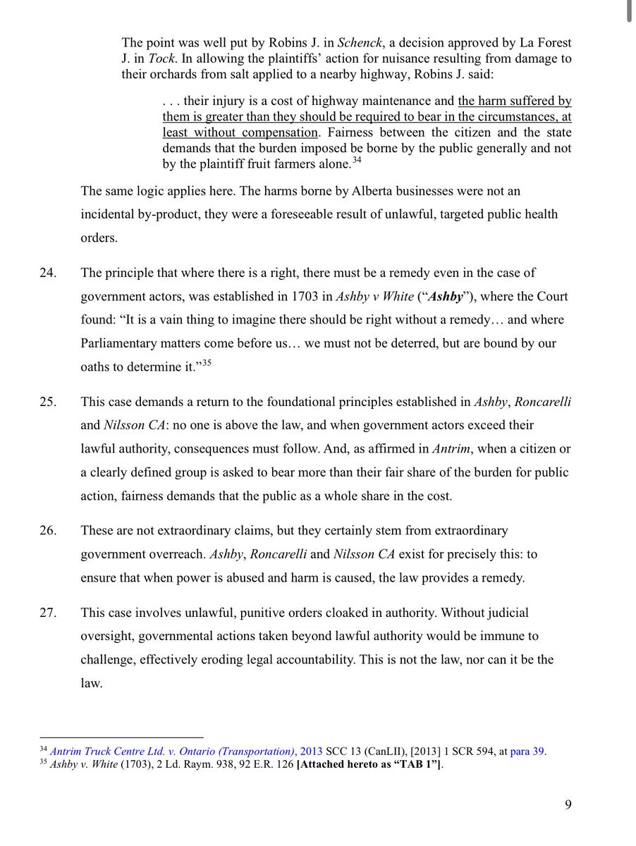 echipiuk's tweet photo. After a day in the Alberta Court of Appeal, I am trying to come to terms with something.

When citizens sue the government for unlawful actions, the government seems to do everything possible to evade responsibility. It raises a fundamental question: is the role of government lawyers really to deflect and avoid accountability, even when it comes at the expense of the very taxpayers they are supposed to serve?

Today, Jeff Rath and I were in the Alberta Court of Appeal on the Covid business closure class action.

A Court of King’s Bench judge has already found that the Province’s public health orders were unlawful. Another judge determined that the case should proceed as a class action.

Yet instead of taking responsibility and addressing the harms that flowed from those illegal acts, the Province has chosen to appeal the class action decision.

It raises some important questions.

Should a small group of citizens bear the burden of harms imposed for what government claims was the benefit of the public?

Should public officials be held to a high standard because of the public trust and the positions they hold, or should they be able to evade responsibility when their actions cause harm?

And if the state exercises its authority unlawfully, should the law not provide a remedy for those harmed?

Some long-standing principles of Canadian law speak directly to this issue:

“The harm suffered is greater than they should be required to bear in the circumstances, at least without compensation. Fairness between the citizen and the state demands that the burden imposed be borne by the public generally and not by the plaintiff fruit farmers alone.” — Antrim Truck Centre Ltd. v. Ontario (Transportation)

“Such abuses may occur when zealous civil servants over-step their authority for what they believe is the best interests of the public without due regard for individuals consequently harmed, or when executive decisions are made which bend the rule and injure a few to avoid politically undesirable consequences.” — Alberta (Minister of Infrastructure) v. Nilsson

“Such a step and its consequences are to be suffered by the victim without recourse or remedy… would signalize the beginning of disintegration of the rule of law.” — Roncarelli v. Duplessis

At some point we have to ask: what is accountability supposed to look like when governments act unlawfully? And why is it allowed to take so long to obtain?

Because justice delayed is often justice denied. When governments use delay, appeals, and public resources to avoid answering for unlawful actions, it raises serious questions about how accountability is meant to function in practice.

If the response is simply to delay, deflect, and spend public money fighting the very citizens who were harmed, then we have to ask whether the system is truly delivering justice at all.

Curious to hear what you think.

Find all the documents related to the class action here: https://t.co/X7TFtcZRZa