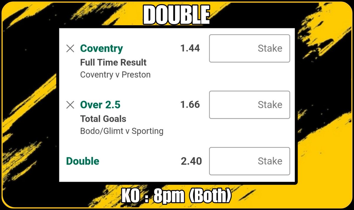 DOUBLE 

@ 2.40

KO : 8pm (Both)

England 🏴󠁧󠁢󠁥󠁮󠁧󠁿
Champions League 🏆