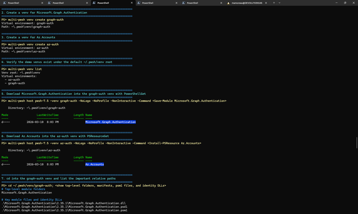 awakecoding's tweet image. multi-pwsh 0.7.0 is out with initial #PowerShell  virtual environment (venv) support, through runtime hooking of PowerShell, PowerShellGet and PSResourceGet! Try it out now, let me know what you think 👇

github.com/Devolutions/mu…