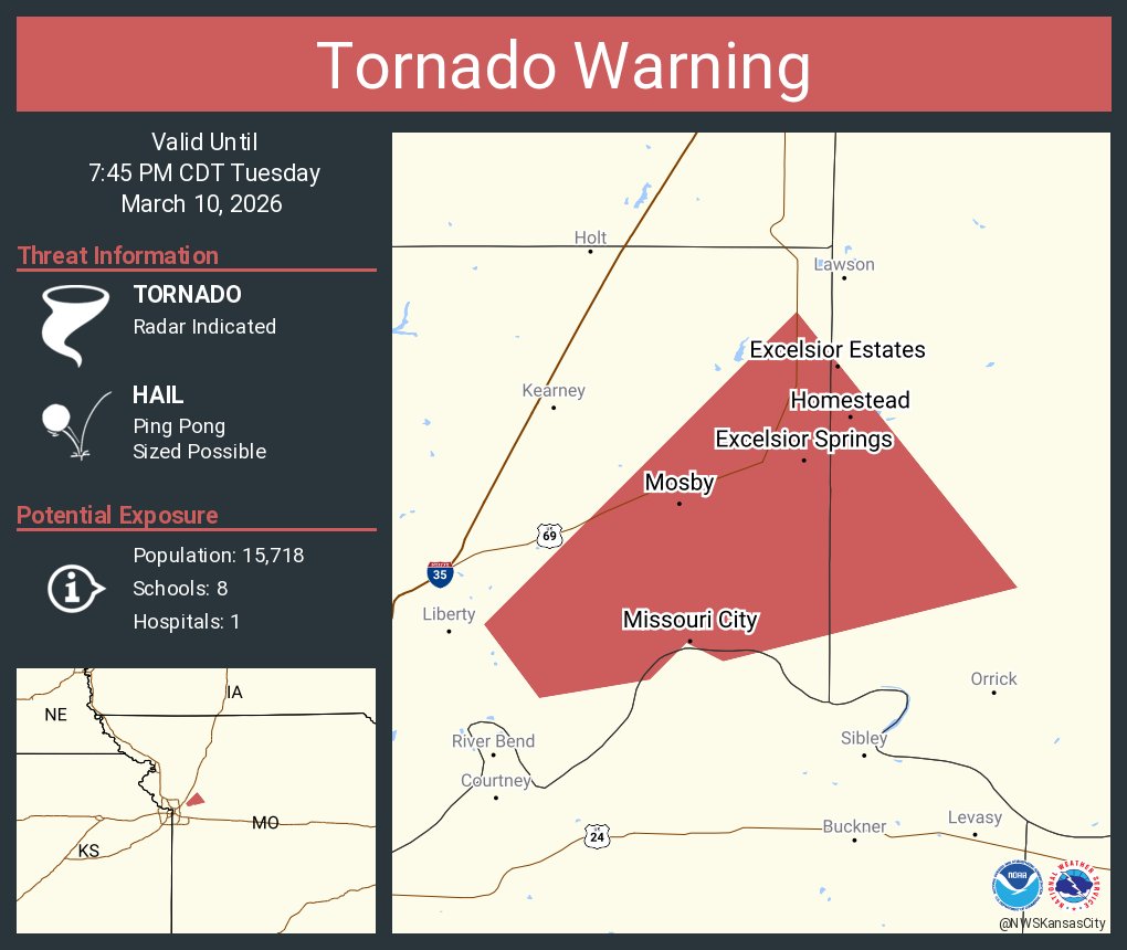 Tornado Warning continues for Excelsior Springs MO, Crystal Lakes MO ...