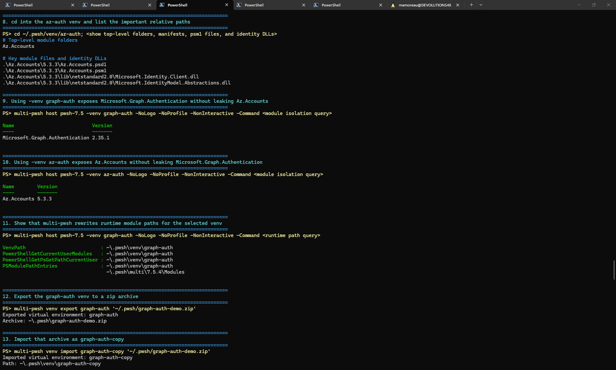 awakecoding's tweet image. multi-pwsh 0.7.0 is out with initial #PowerShell  virtual environment (venv) support, through runtime hooking of PowerShell, PowerShellGet and PSResourceGet! Try it out now, let me know what you think 👇

github.com/Devolutions/mu…