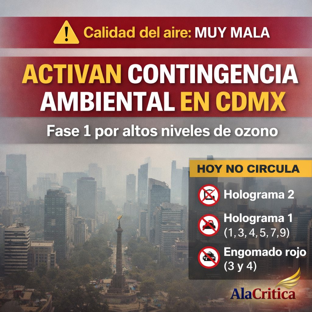 🚨#ContingenciaAmbiental en #CDMX
Este miércoles 11 de marzo se aplican restricciones del #HoyNoCircula por altos niveles de ozono.
🚗 Miles de autos deberán quedarse en casa.
Consulta qué vehículos NO circulan👇
alacritica.com/post/hoy-no-ci…
#HoyNoCircula #CDMX #CalidadDelAire