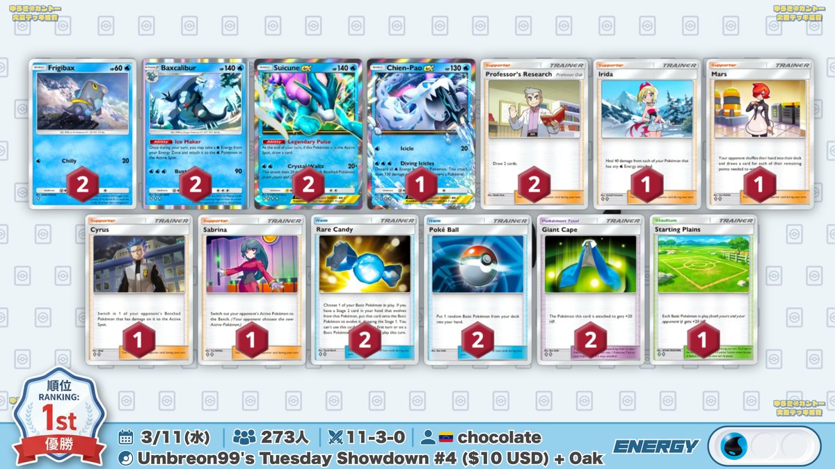 きらりデッキ 🌏 ポケポケ 大会結果｜3/11(水) 🌏 マント2枚積みの『スイクンセ