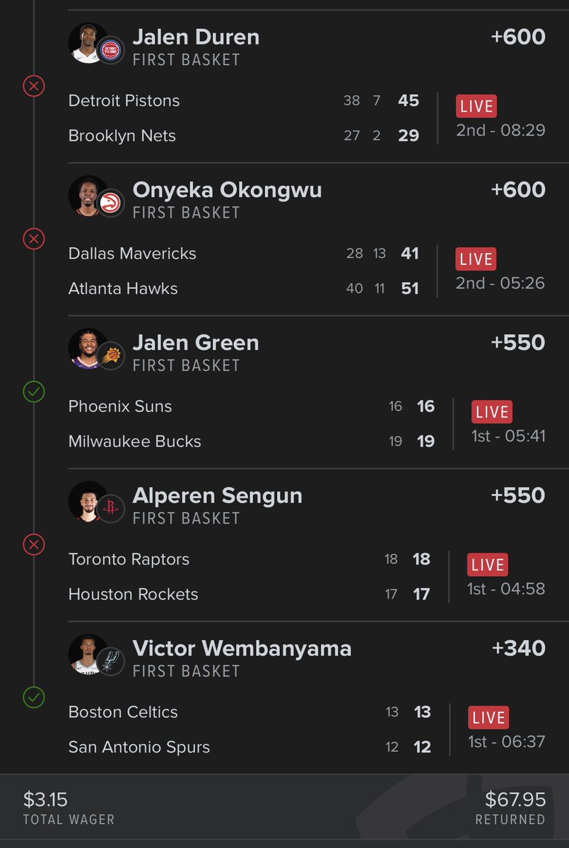TjftInvestments's tweet image. Round robin first basket chaos 😅

Oubre ✔
Bam ✔
Jalen Green ✔
Wemby ✔

Just needed a couple more to fall… still turned $3.15 → $67.95 💰

Not bad for a model I built yesterday!

#NBA #FirstBasket #RoundRobin #NBABets #ParlayLife