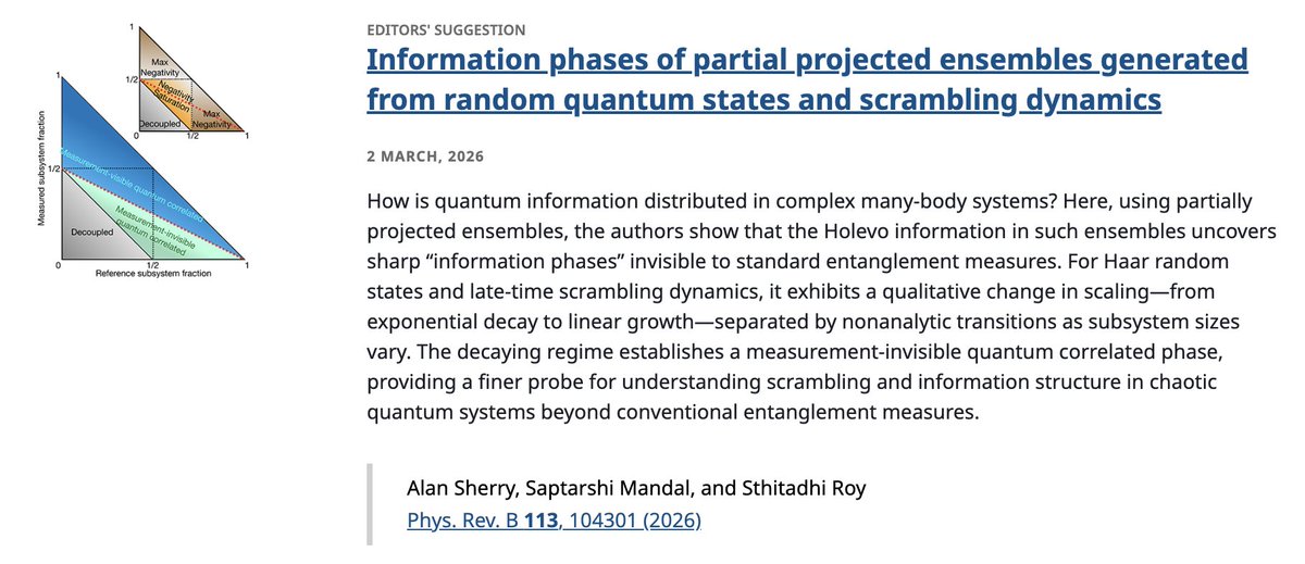 PRB Editors' Suggestion: Information phases of partial projected ensembles generated from random #quantum states &amp; scrambling dynamics

A. Sherry, S. Mandal, &amp; S. Roy
Phys. Rev. B 113, 104301

➡️ go.aps.org/4cp8HQi
#EdSugg @APSPhysics #condmat #physics <a href="/sthitadhi91/">Sthitadhi Roy</a> <a href="/ictstifr/">ICTS</a>