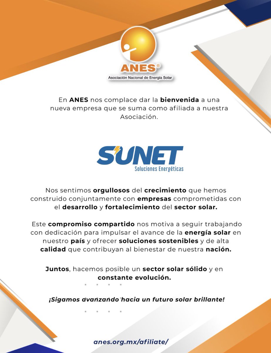 anes_oficial's tweet photo. ⚡ Damos la bienvenida a SUNET Soluciones Energéticas como nueva empresa afiliada a ANES.

Más colaboración. Más innovación. Más impulso al sector solar en México. 🌞

#ANES #SectorSolar #EnergíaSolar #TransiciónEnergética https://t.co/M9f2m0GLzL
