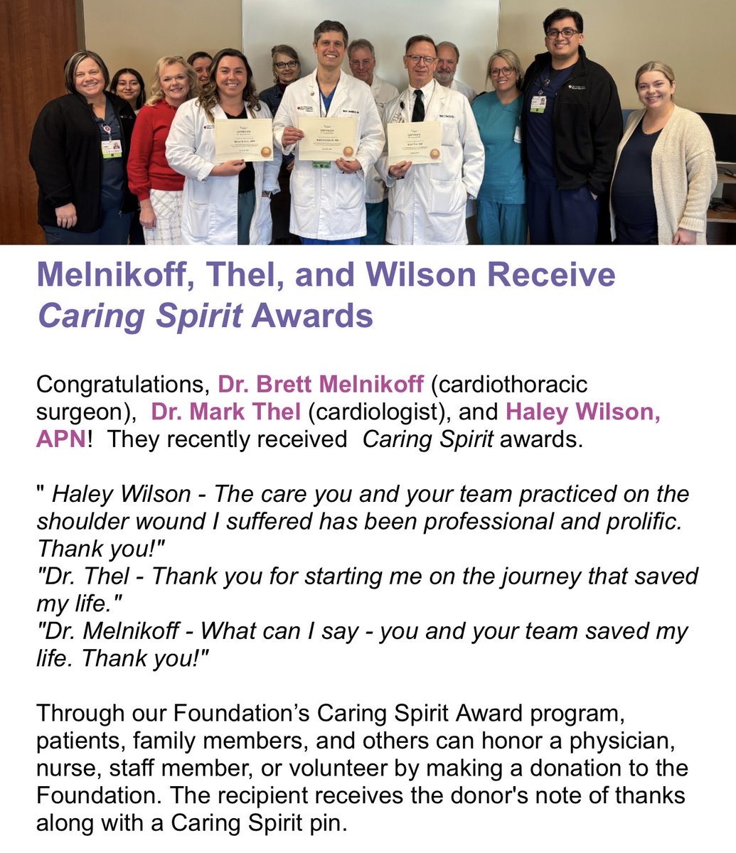 Chattheart's tweet photo. Congratulations to Dr. Mark Thel, cardiologist, and Dr. Brett Melnikoff, cardiothoracic surgeon, on receiving Caring Spirit Awards. We are proud to work alongside physicians whose dedication, expertise, and compassion make such a meaningful difference for our patients every day. https://t.co/Wqiu1BeXH3